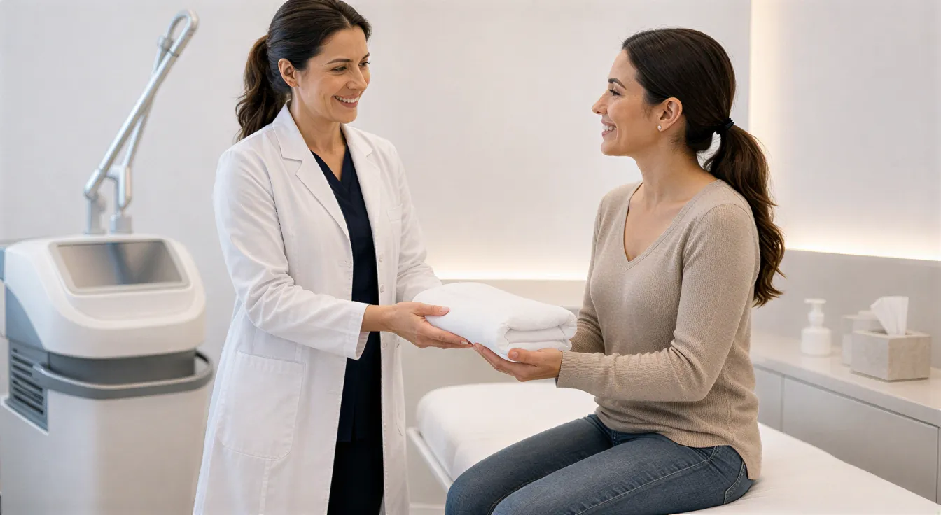 Eine Dermatologin übergibt einer Klientin ein Handtuch in einem modernen, sterilen Behandlungsraum.