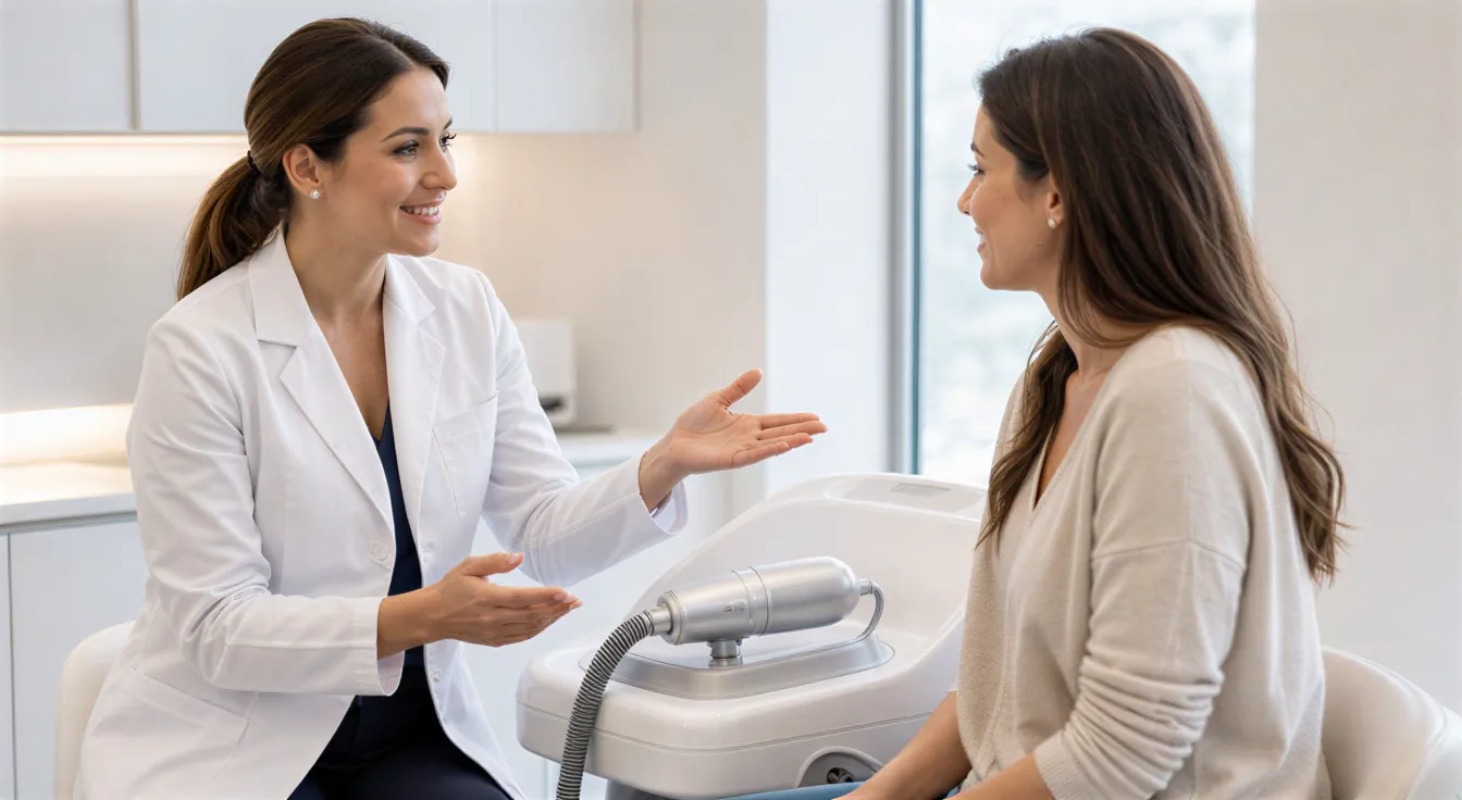 Eine Dermatologin erklärt einer Patientin ein Lasergerät in einem modernen, hellen Behandlungsraum.