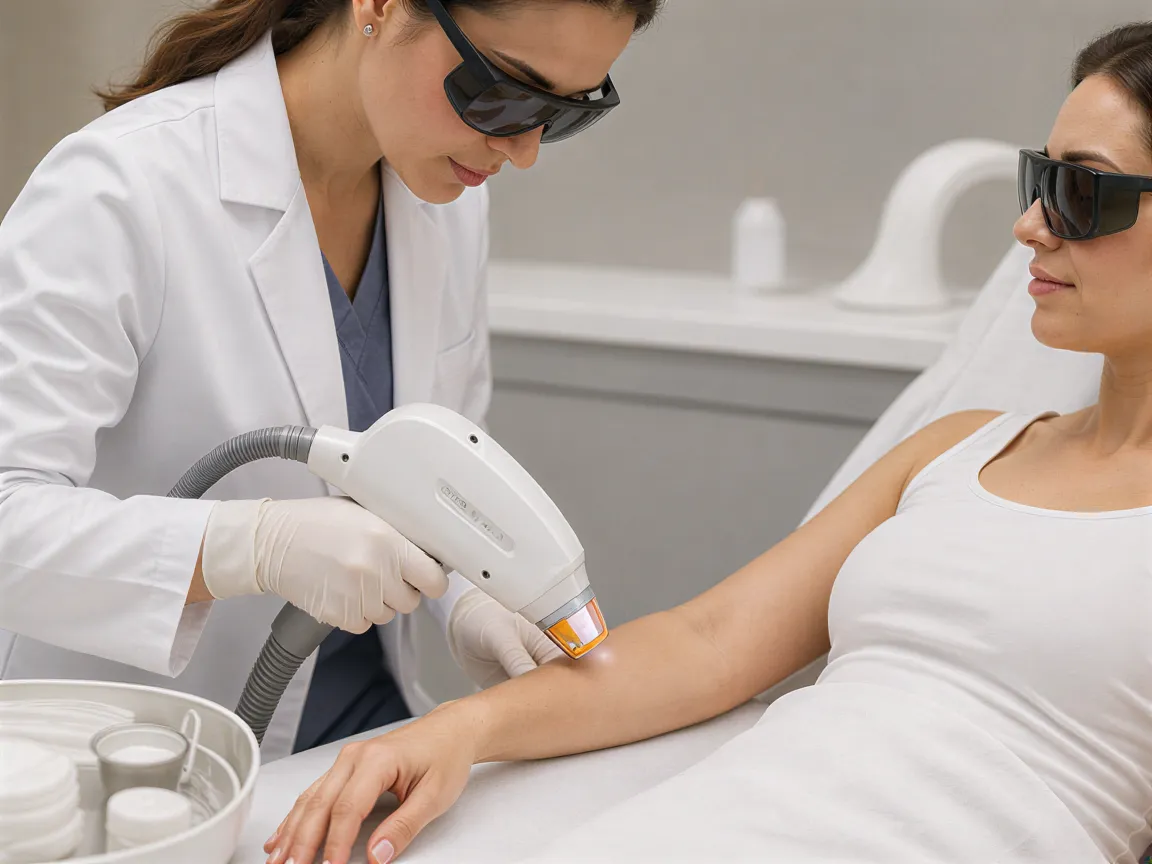 Eine Ärztin behandelt mit einem modernen Laser die Haut am Unterarm einer Patientin in einem sauberen Behandlungsraum.