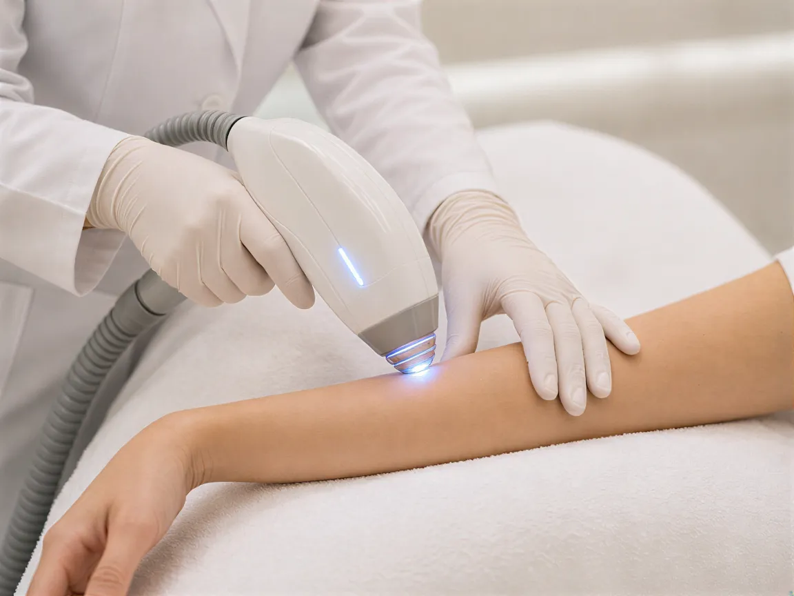 Eine Ärztin führt mit einem modernen Laser eine Haarentfernungsbehandlung an einem Unterarm durch.