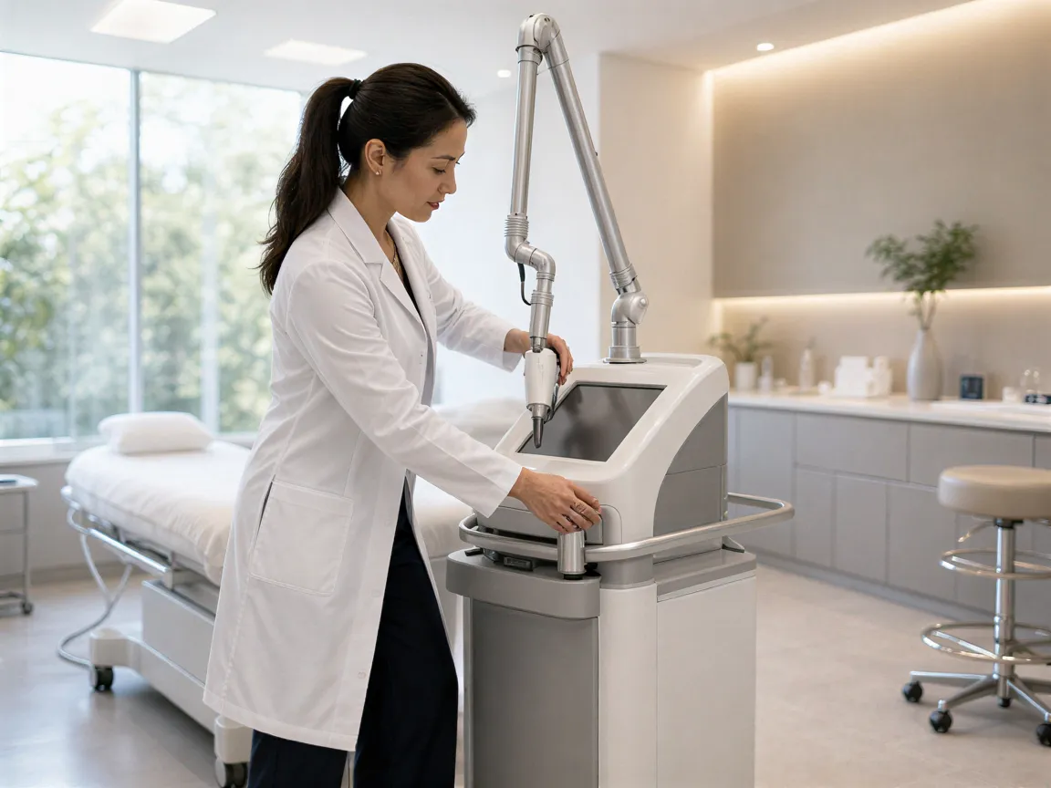 Eine Lasertechnikerin in weißem Kittel justiert ein futuristisches Lasergerät in einem modernen Behandlungsraum.
