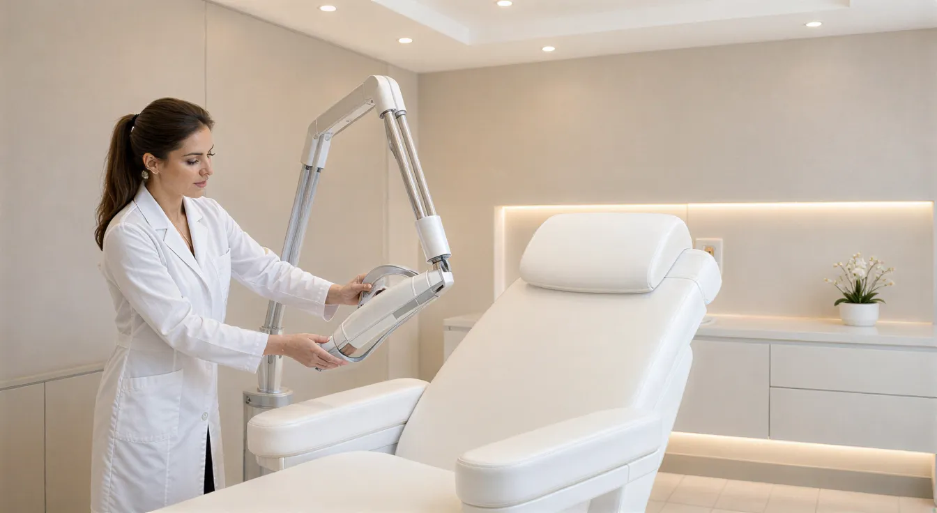 Eine Ärztin in weißem Kittel justiert eine Laserbehandlungsvorrichtung neben einem Patienten im Behandlungsstuhl.
