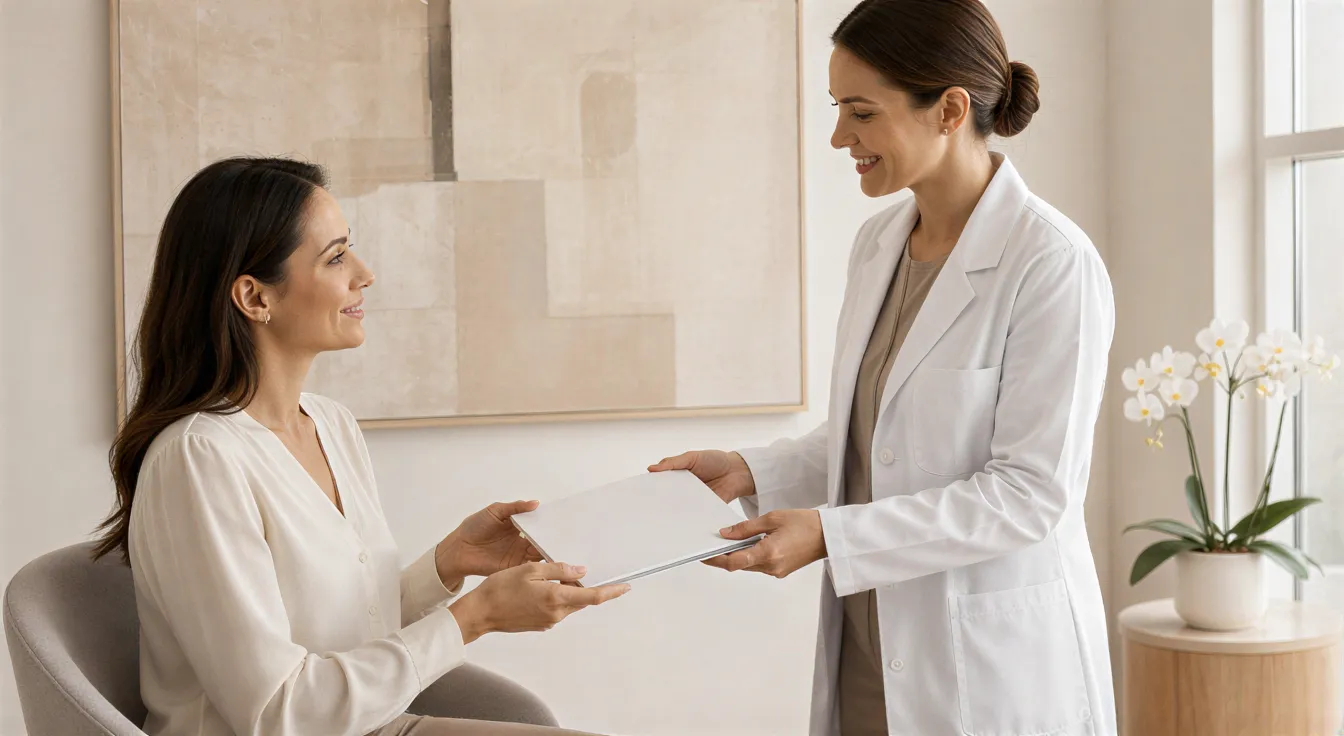 Eine Ärztin übergibt einer Patientin lächelnd eine Broschüre in einem modernen, hellen Behandlungsraum.