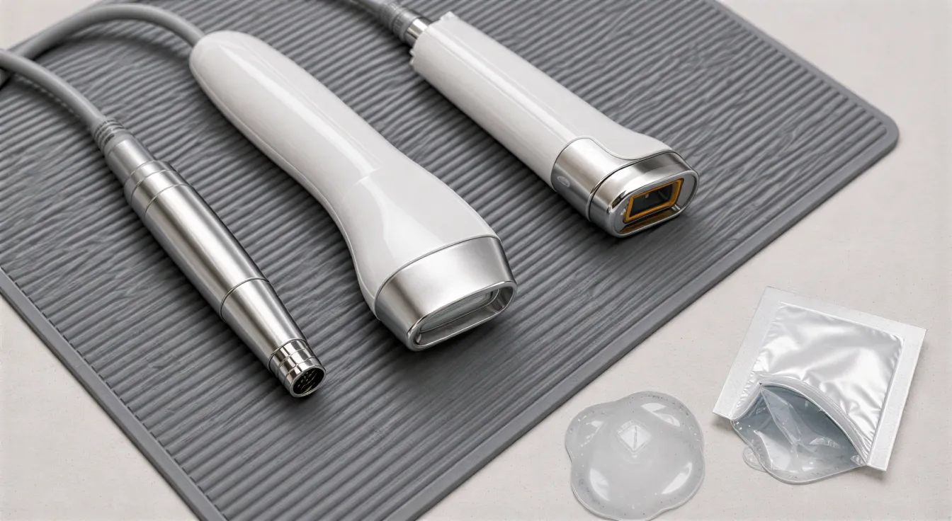 Professionelle Laser-Handstücke und Zubehör liegen ordentlich auf einer grauen Silikonmatte in einem Behandlungsraum.