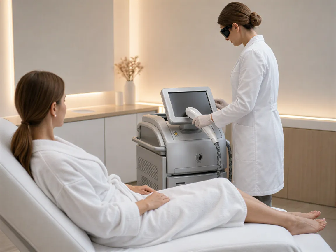 Eine Klientin im weißen Bademantel liegt auf einer Behandlungsliege, während eine Technikerin einen Laser kalibriert.