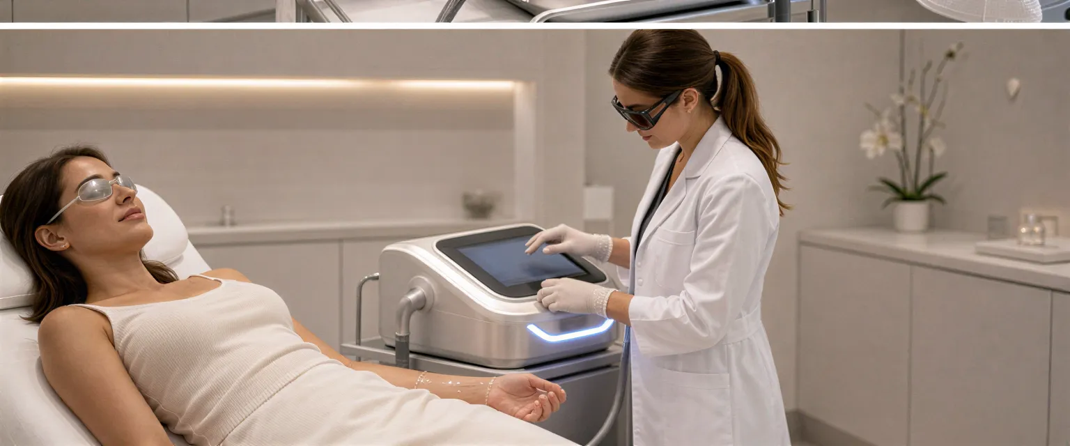 Eine Klientin liegt entspannt auf einer Behandlungsliege, während eine Technikerin einen modernen Laser einstellt.
