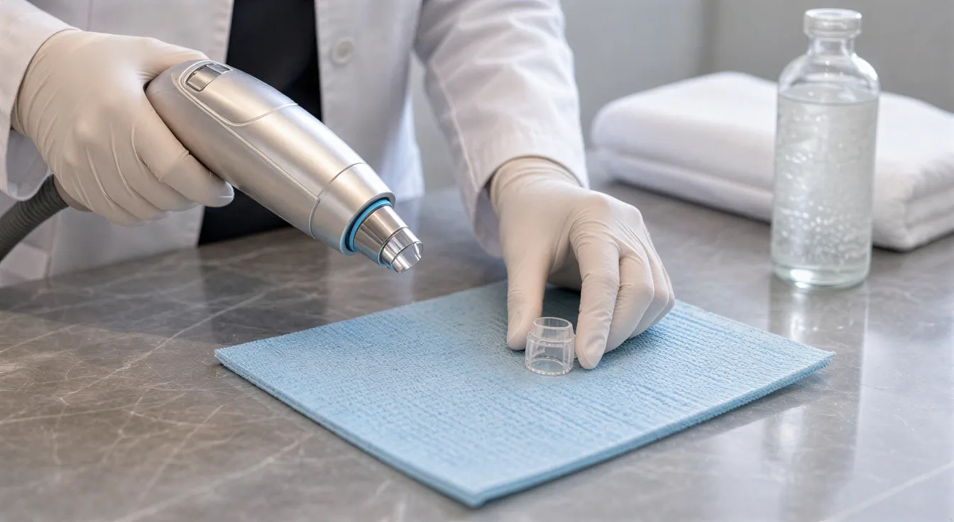 Eine behandschuhte Hand hält ein modernes Laser-Gerät, während eine andere Hand eine sterile Spitze auf ein blaues Pad legt.
