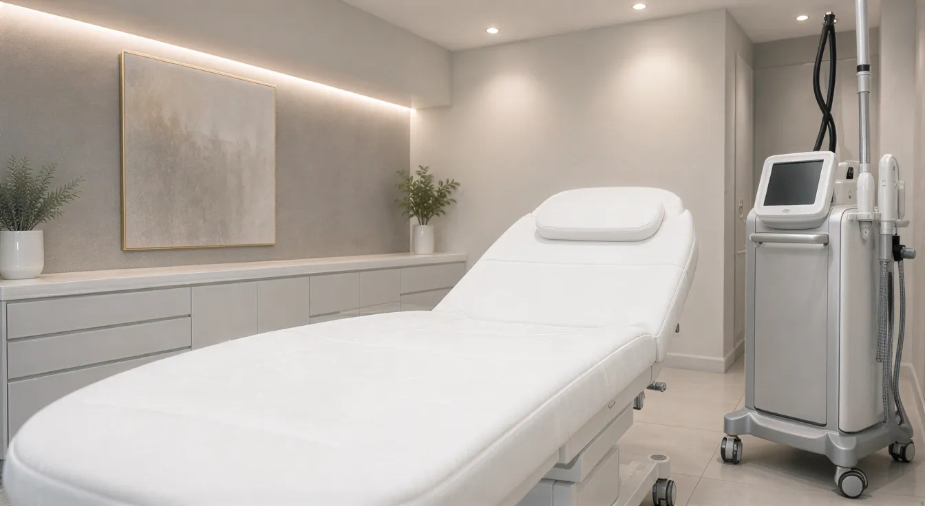 Ein moderner Behandlungsraum mit gepolsterter Liege, hochtechnischem Lasergerät und minimalistischer Einrichtung.