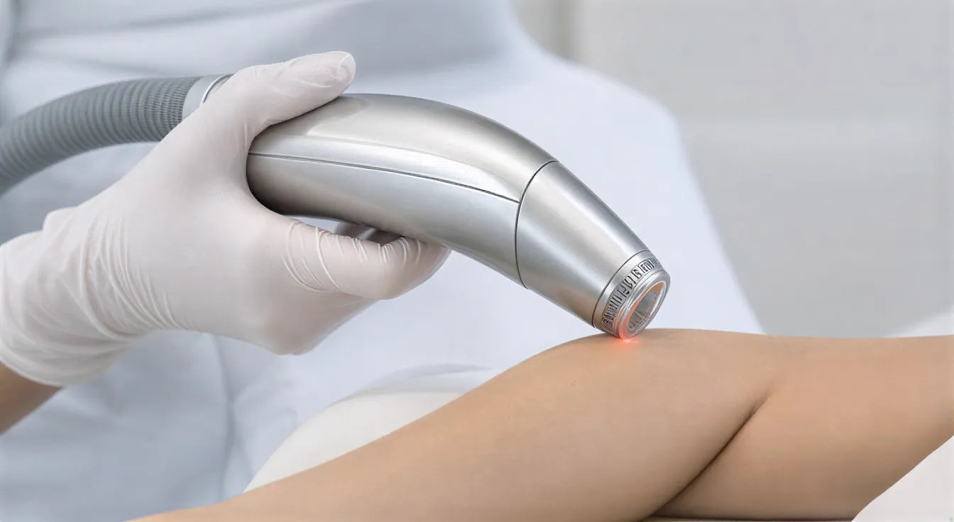 Eine behandschuhte Hand hält einen Laser-Handapparat über einen Hautbereich am Arm eines Patienten.