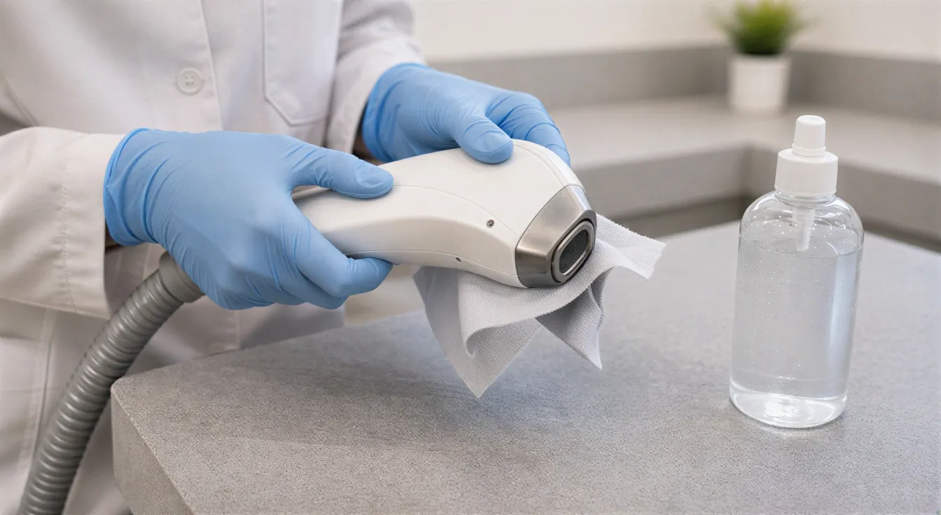 Eine Klinikerin mit blauen Handschuhen prüft ein medizinisches Lasergerät auf einem grauen Tresen.