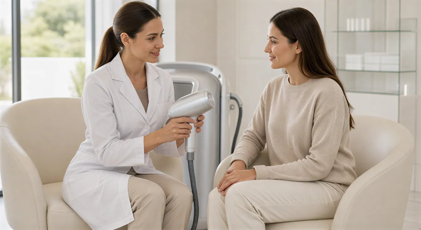 Eine Dermatologin erklärt einer Klientin ein modernes Lasergerät in einem hellen Behandlungsraum.