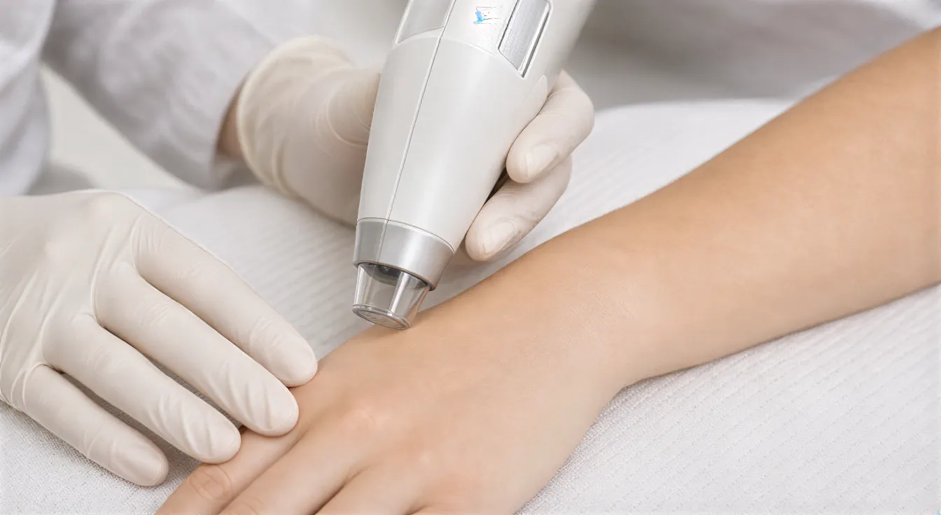 Eine behandschuhte Hand positioniert ein Lasergerät präzise über der Haut eines Unterarms zur Haarentfernung.