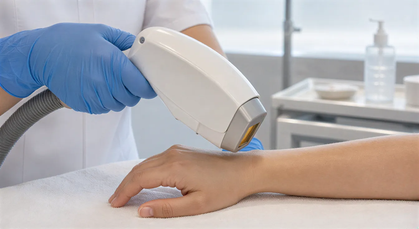 Eine medizinische Fachkraft hält mit behandschuhten Händen einen Laser-Handgriff über den Unterarm eines Klienten.