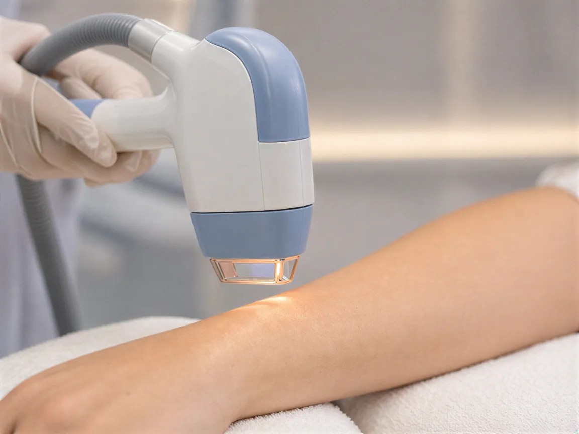 Ein moderner Laser-Handschuh schwebt über einem gepflegten Unterarm in einer minimalistischen Behandlungskabine.