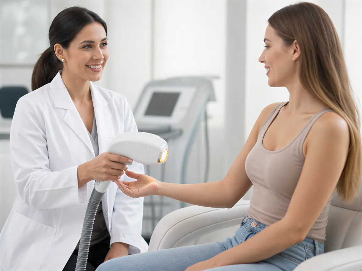 Eine Ärztin übergibt einer Patientin ein Laser-Handstück in einer modernen Behandlungsraum.