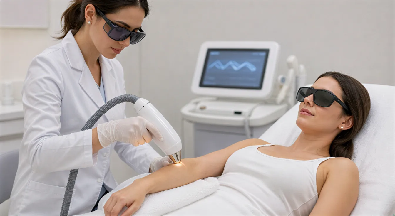 Eine Dermatologin führt mit einem modernen Laser eine Haarentfernungsbehandlung am Unterarm einer Klientin durch.