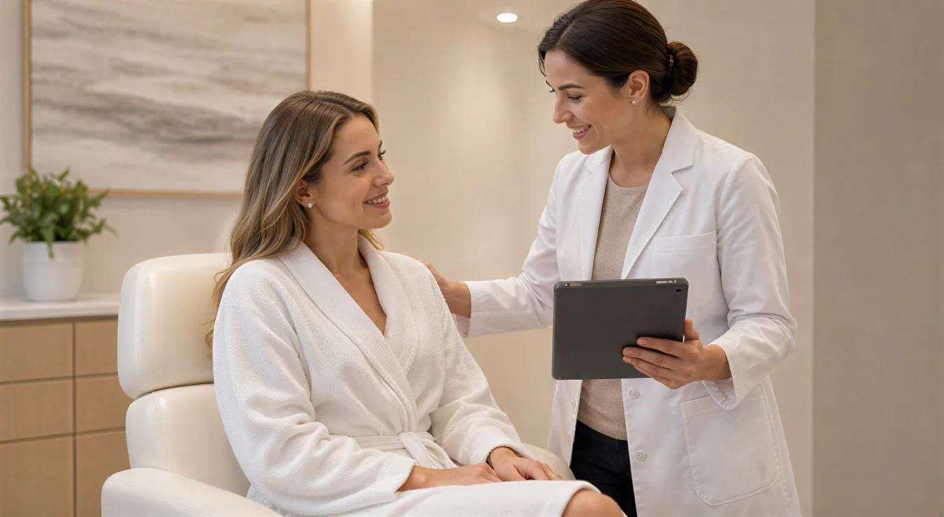 Eine Ärztin bespricht mit einer Patientin in einem modernen Behandlungszimmer einen Therapieplan.
