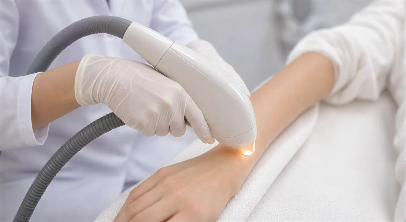 Eine Ärztin führt mit einem modernen Laserhandstück eine Haarentfernungsbehandlung an einem Unterarm durch.