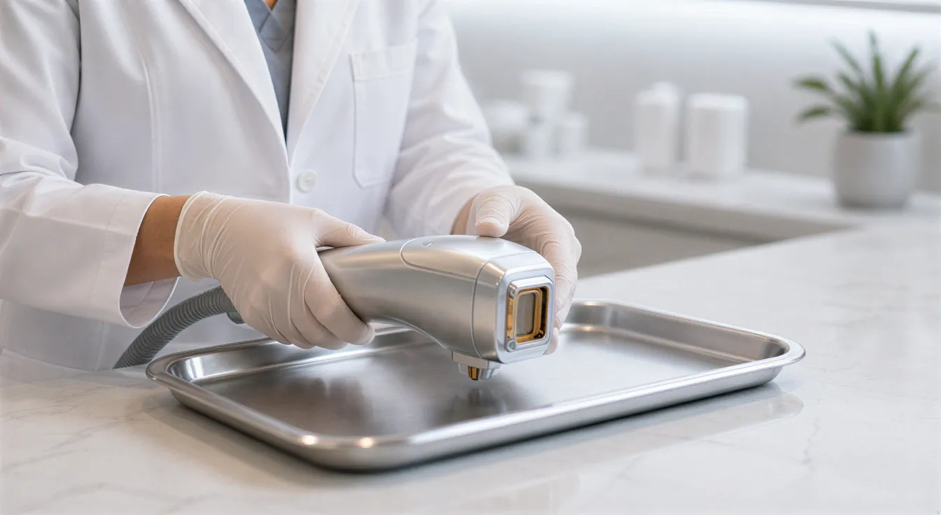 Eine Ärztin bereitet in einer modernen Hautarztpraxis einen medizinischen Laser auf einem sterilen Tablett vor.