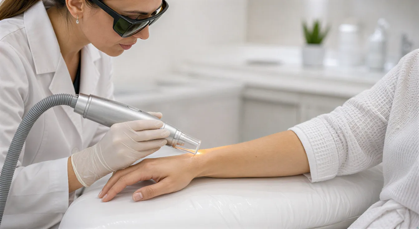 Eine Dermatologin behandelt mit einem Laser die Haut am Arm eines Patienten in einer Klinik.