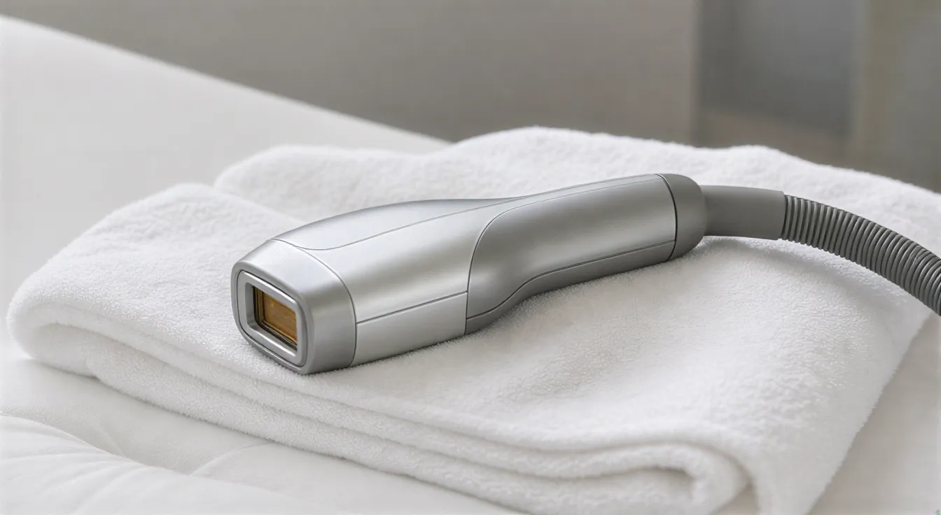 Ein moderner Laser-Handapparat liegt auf einem weißen Handtuch auf einer Behandlungsliege.