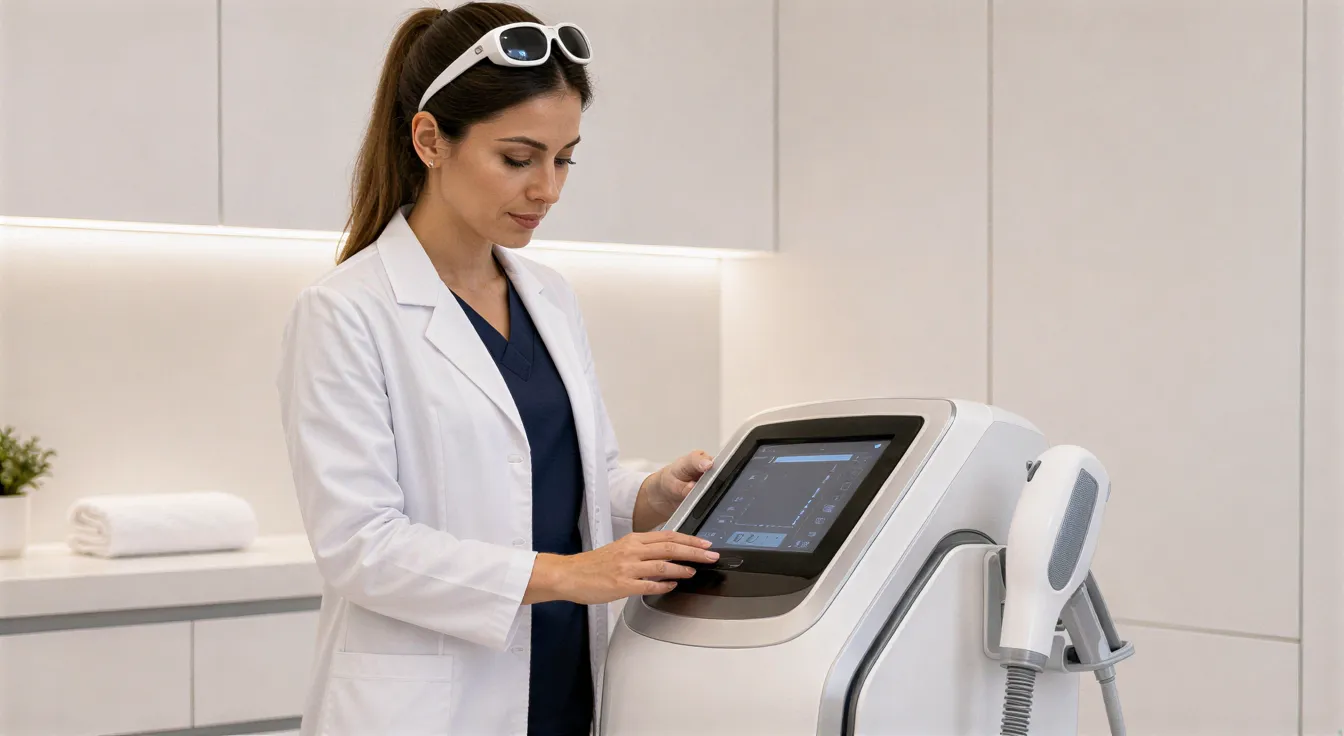 Eine Lasertechnikerin kalibriert ein modernes Haarentfernungsgerät in einem sterilen Behandlungsraum.