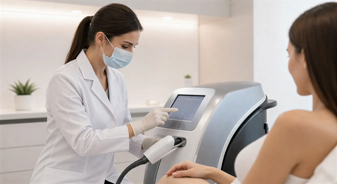 Eine Ärztin in weißem Kittel bedient ein Laserhaarentfernungsgerät, während eine Patientin behandelt wird.