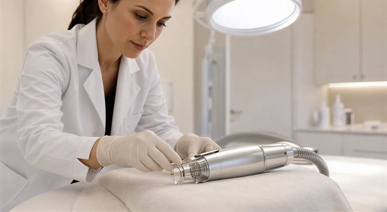 Eine Ärztin kalibriert ein modernes Laser-Haarentfernungsgerät in einem sterilen Behandlungsraum.