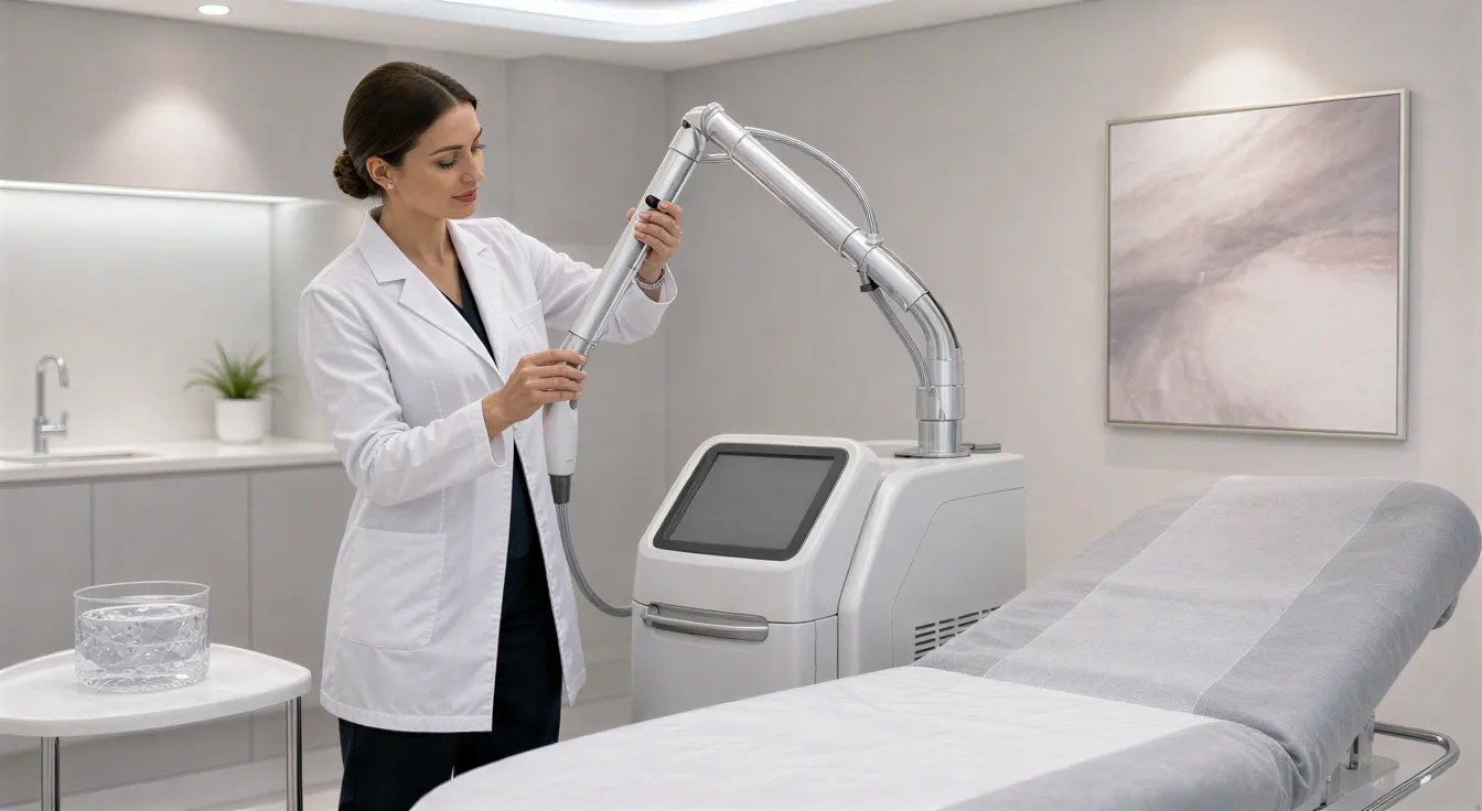Eine Technikerin in weißem Kittel justiert eine Laserbehandlungsmaschine in einem sterilen, modernen Behandlungsraum.