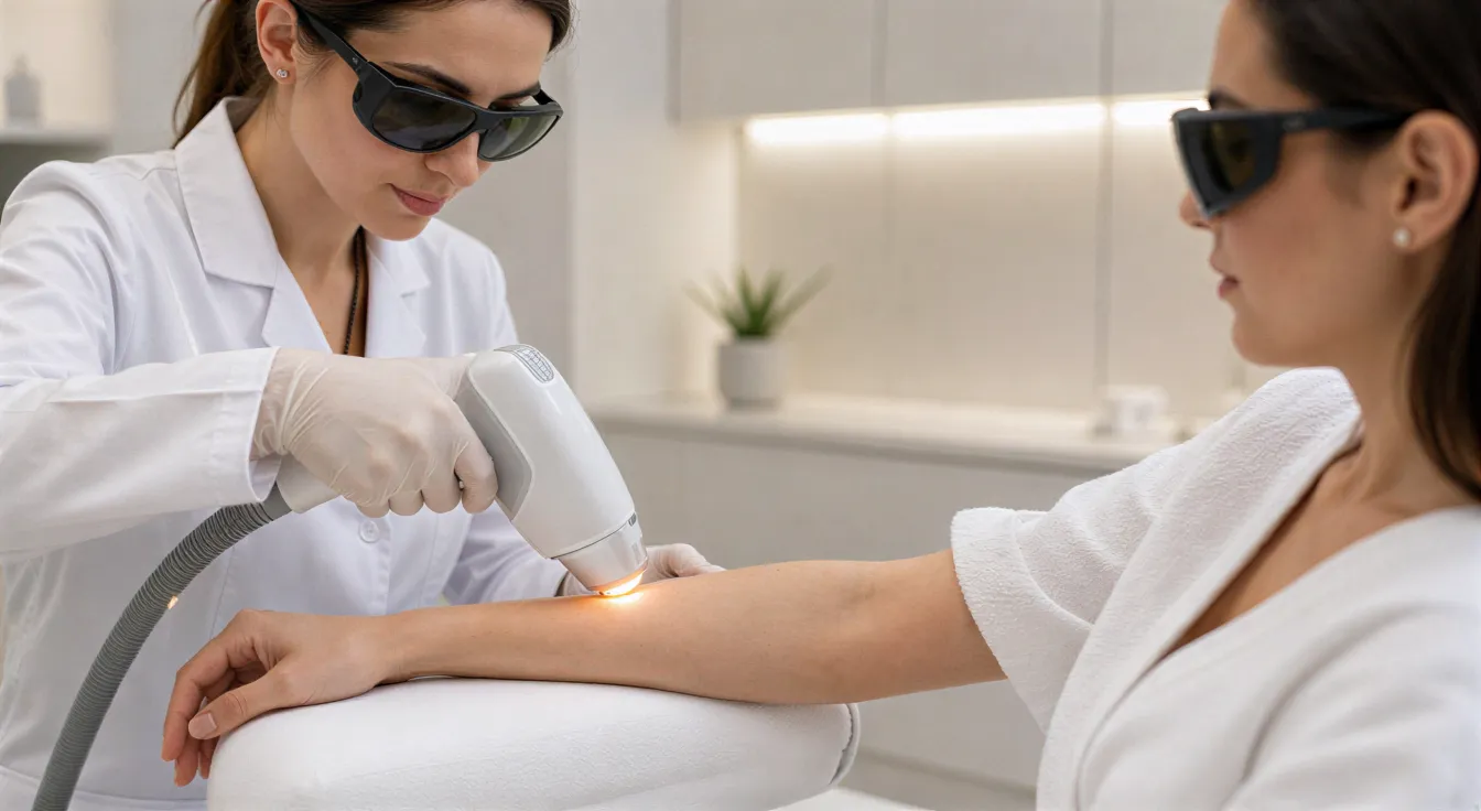 Eine Dermatologin behandelt mit einem Laser ein Unterarm einer Patientin in einem modernen Behandlungsraum.