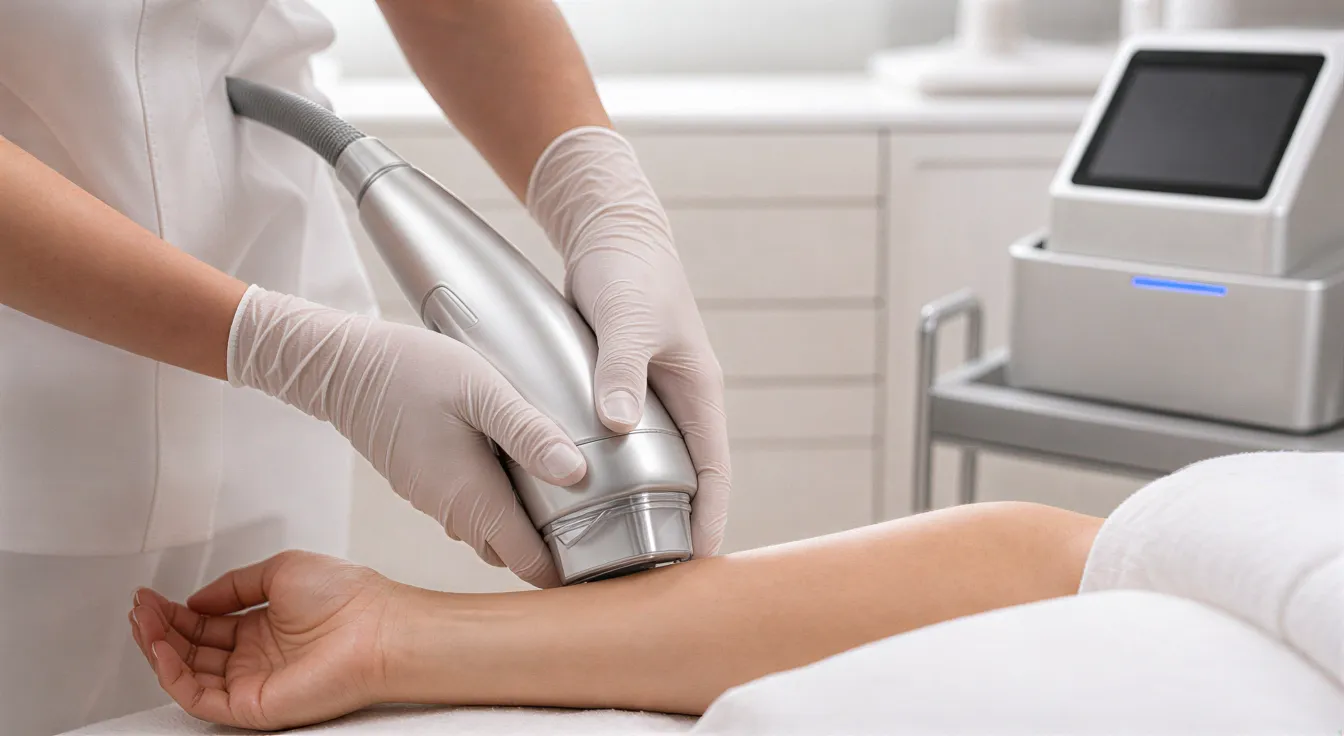 Eine Ästhetikerin führt mit einem Laserhandstück eine Haarentfernungsbehandlung an einem Unterarm durch.
