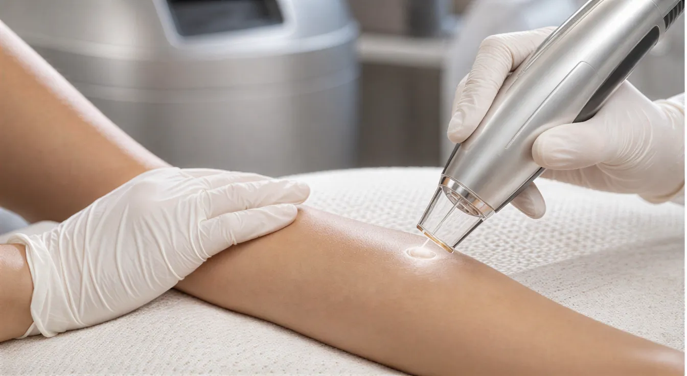 Eine behandschuhte Hand hält ein Laser-Gerät über den Unterarm eines Patienten in einer Klinik.