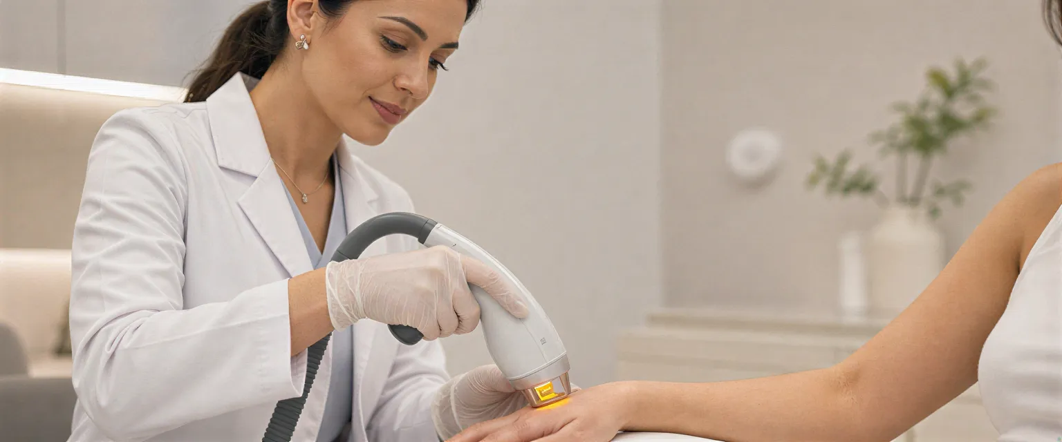 Eine Ärztin führt mit einem modernen Laserhandstück eine Haarentfernungsbehandlung am Unterarm einer Patientin durch.