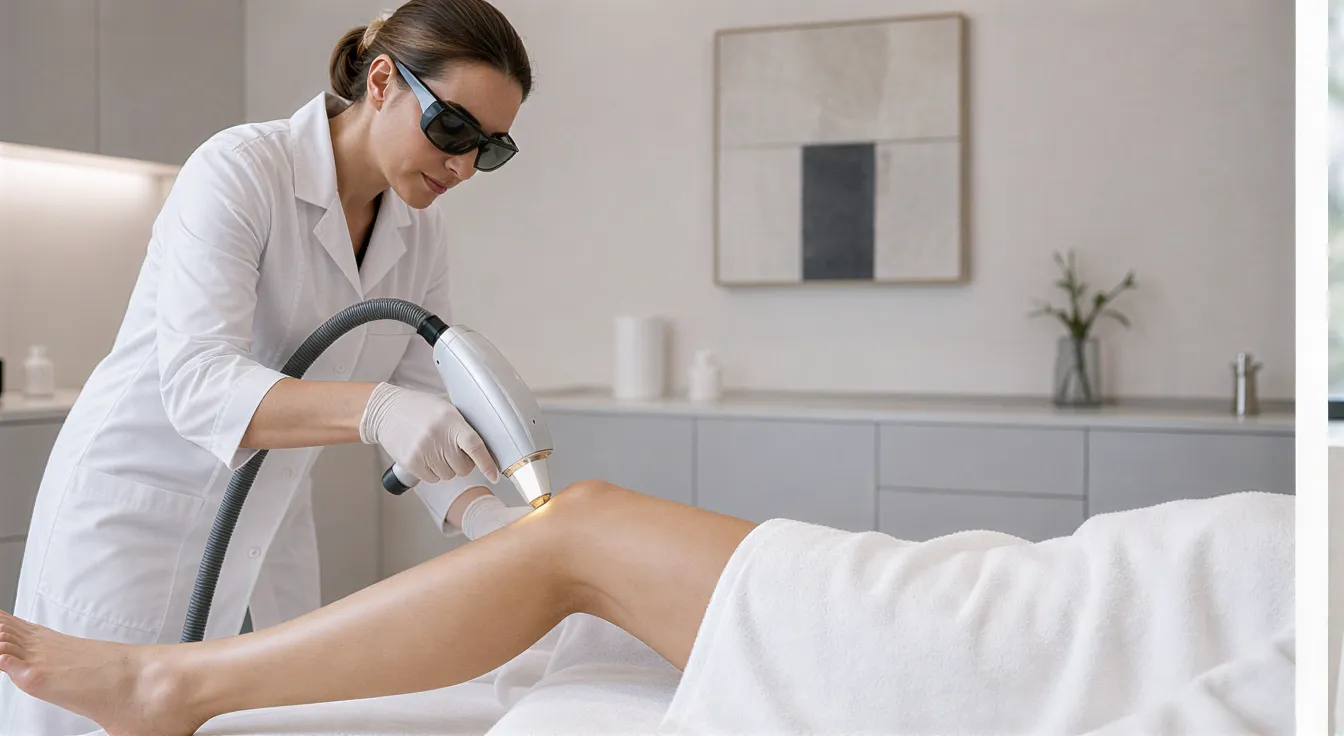 Eine Lasertechnikerin behandelt die Wade einer Patientin in einer modernen Behandlungsraum.