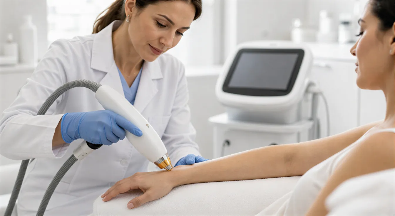 Eine Dermatologin führt eine Laserepilation am Unterarm einer Patientin in einem modernen Behandlungsraum durch.