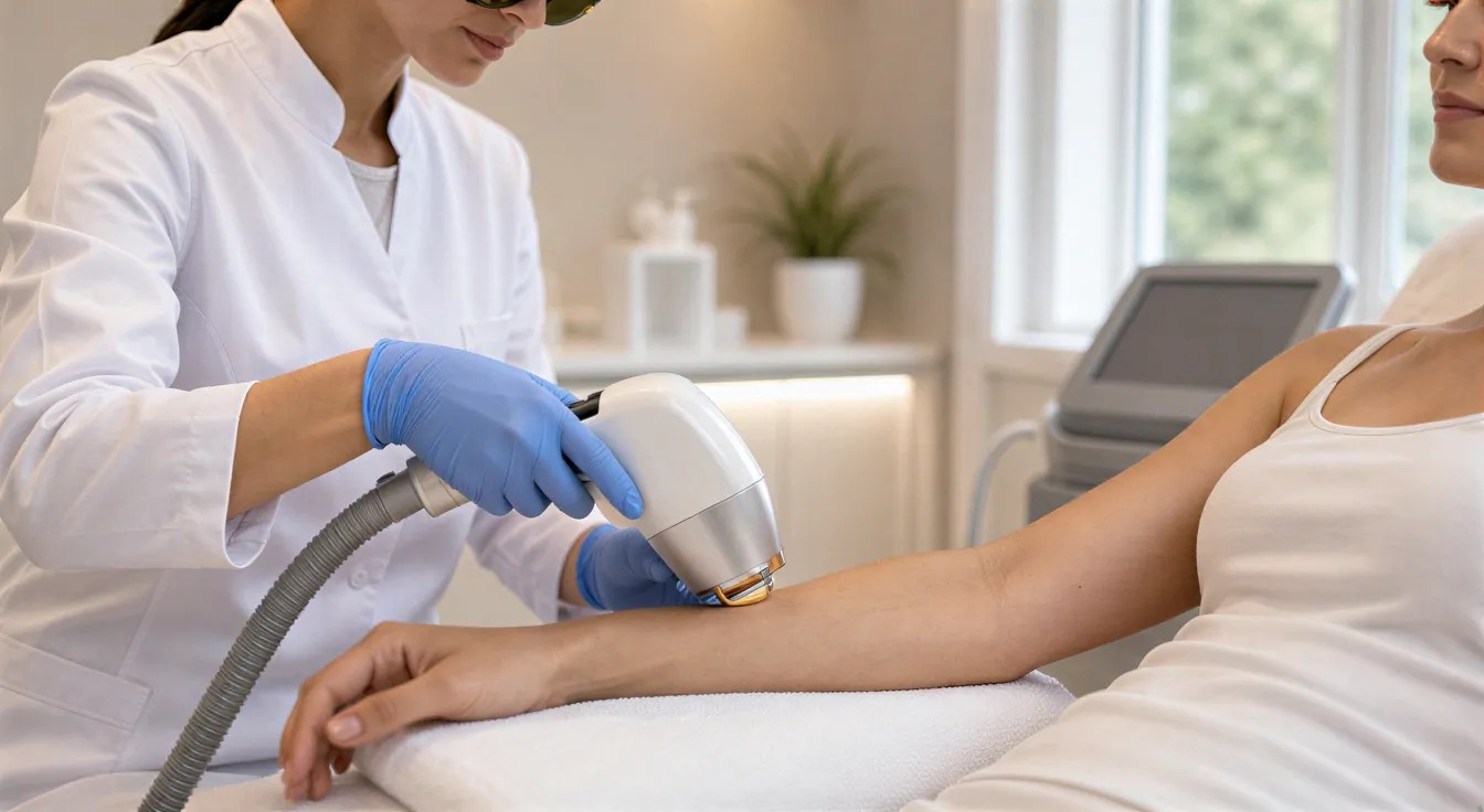 Eine Lasertechnikerin führt mit einem Handgerät eine Behandlung am Unterarm eines Kunden in einem klinischen Raum durch.