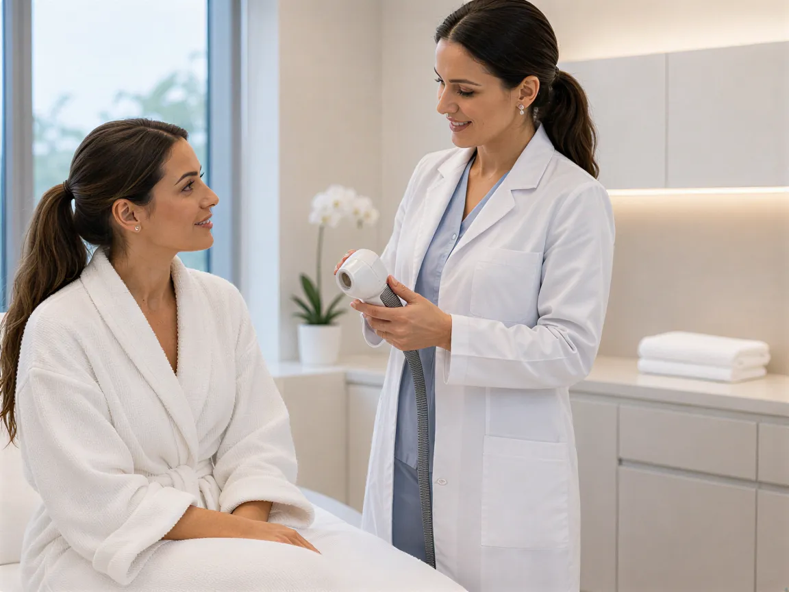 Eine Patientin im Bademantel hört einer Ärztin zu, die ein medizinisches Gerät in einer modernen Hautarztpraxis erklärt.