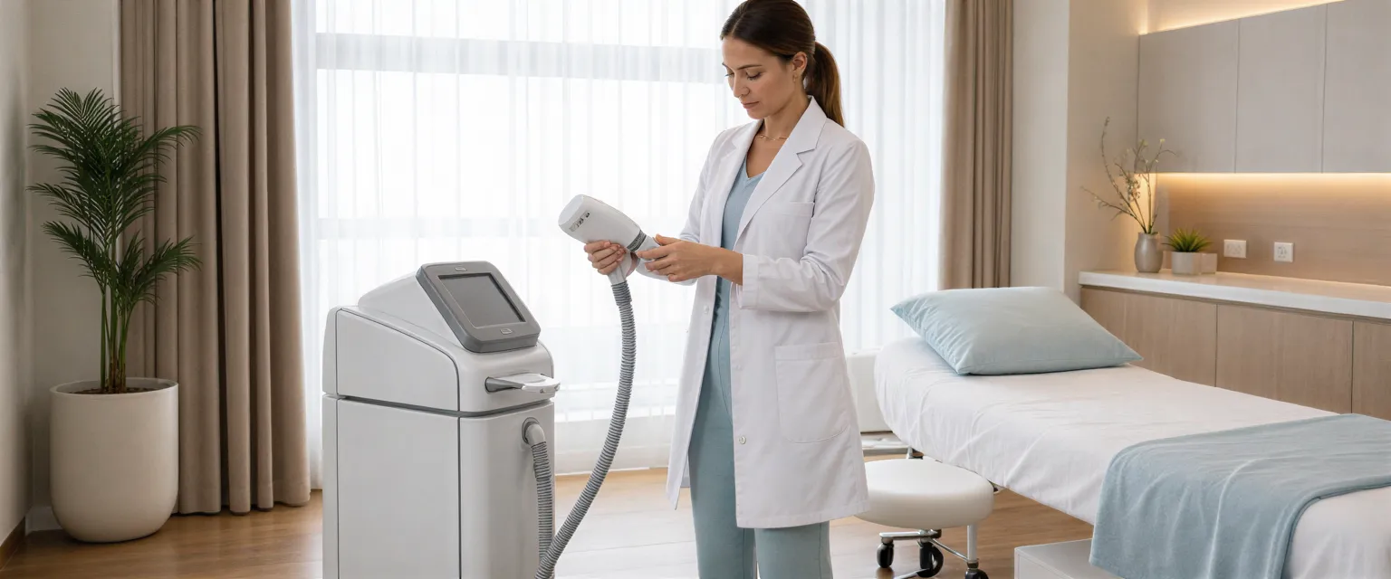 Eine Klinikerin kalibriert ein Laserhaarentfernungsgerät in einem sauberen, modernen Behandlungsraum.
