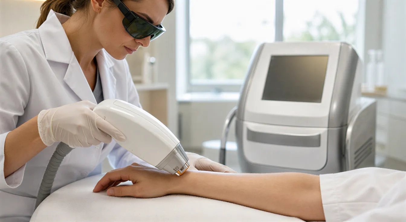 Eine Ästhetikerin positioniert ein Lasergerät an einem Arm, der auf einer Behandlungsliege ruht.