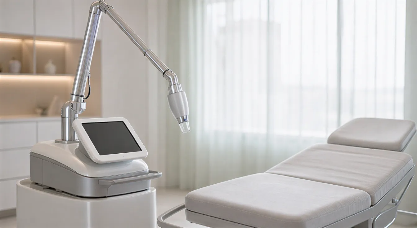 Ein moderner Laser in einer klinisch sauberen Behandlungspraxis steht neben einem professionellen Behandlungsliege.
