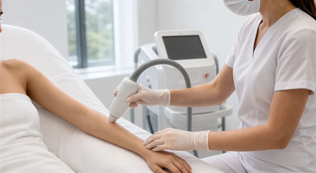 Eine Patientin liegt auf einer Behandlungsliege, während eine Ärztin mit Lasergerät an ihrem Arm arbeitet.