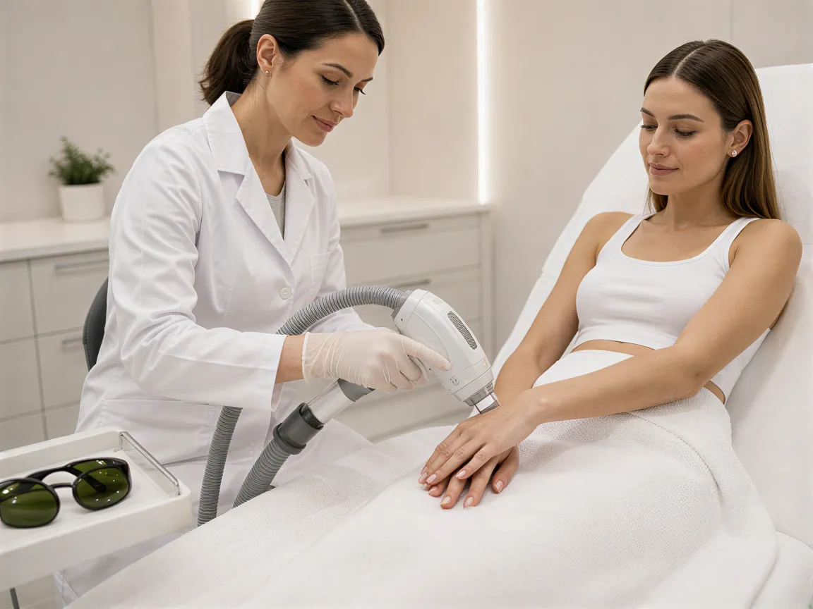 Eine Technikerin bedient ein Lasergerät an einem Patientenarm in einer sterilen Behandlungskabine.