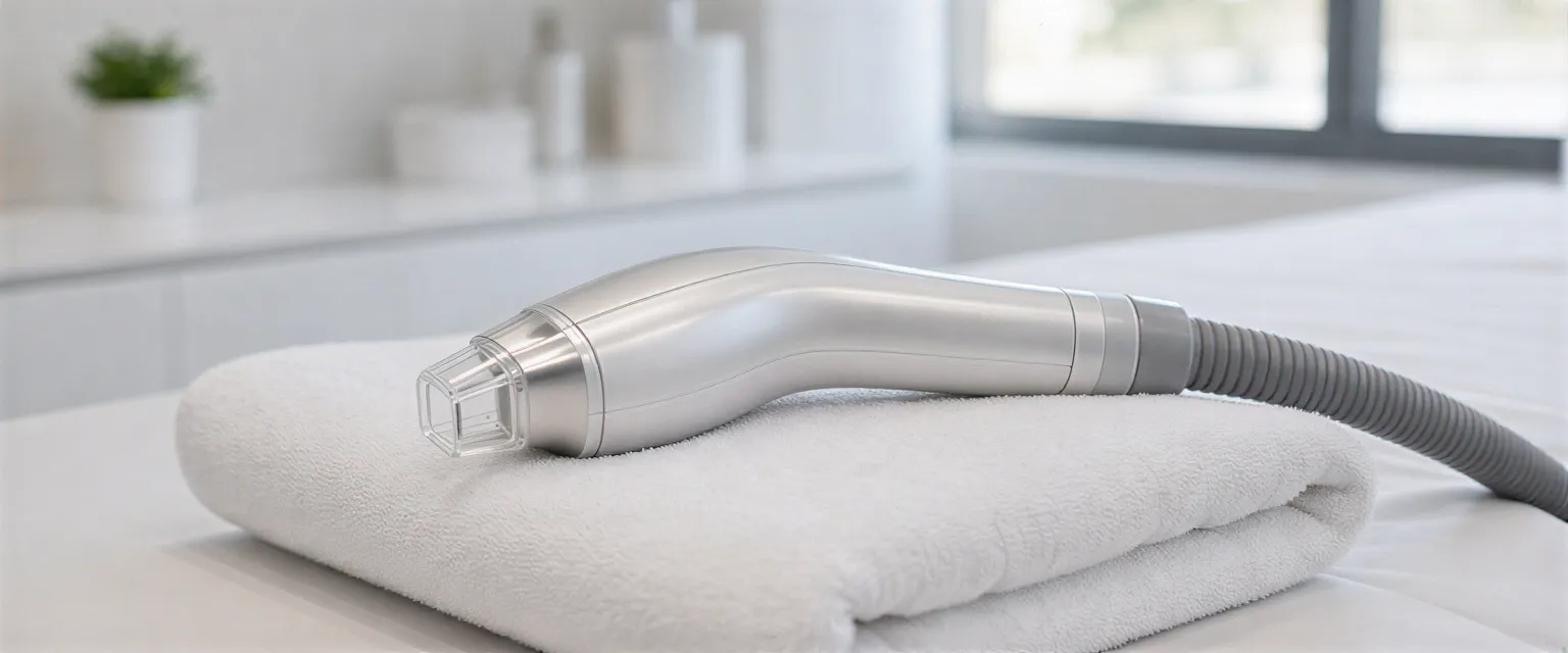 Ein modernes Laser-Handstück liegt auf einem weißen Handtuch auf einem minimalistischen Behandlungstisch.