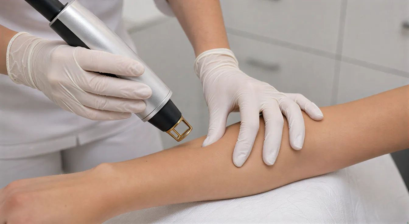 Eine Ärztin bereitet mit behandschuhten Händen die Haut am Unterarm eines Patienten für eine Laserbehandlung vor.