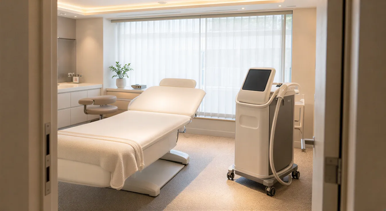 Ein moderner Behandlungsraum mit leerer Liege und Laser-Konsole in neutraler, sauberer Umgebung.