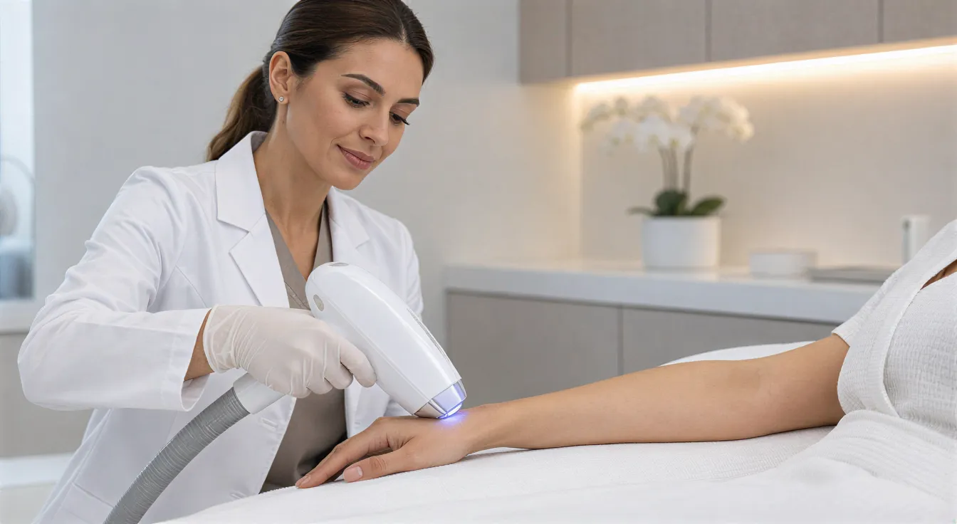 Eine Lasertechnikerin führt mit einem modernen Handgerät eine Haarentfernungsbehandlung am Unterarm einer Klientin durch.