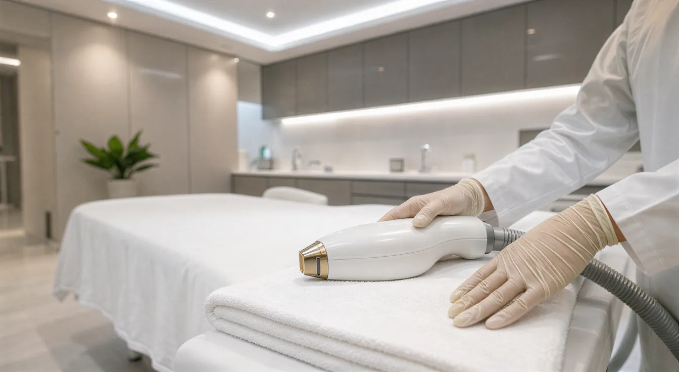 Eine sterile Laserbehandlungsstation mit einem weißen Behandlungstisch und einem modernen Handstück auf einem Handtuch.