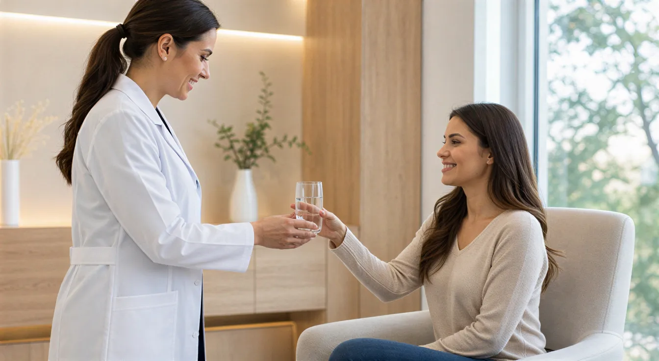 Eine Ärztin reicht einer Patientin in einem modernen Behandlungsraum ein Glas Wasser.