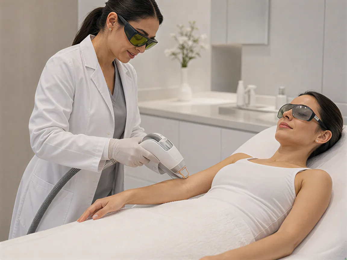 Eine Lasertechnikerin führt in einer modernen Hautarztpraxis eine Haarentfernungsbehandlung am Arm einer Klientin durch.