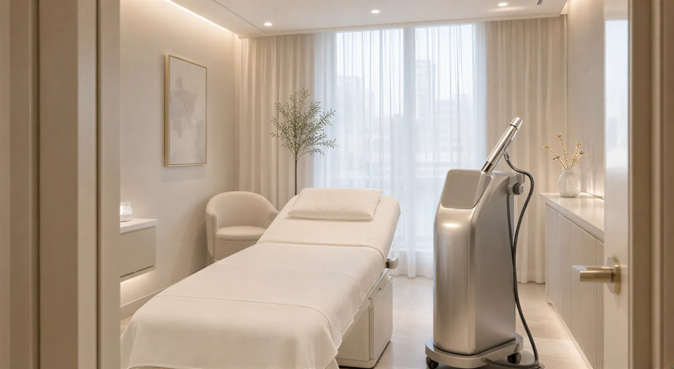 Ein moderner Behandlungsraum in einer Ästhetik-Klinik mit Laser-Gerät, weißem Bett und ruhiger Atmosphäre.